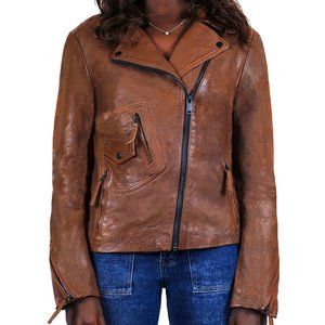 Womens Asymmetrical Flight Real Tan Leather Jacket Perfect condish never used
